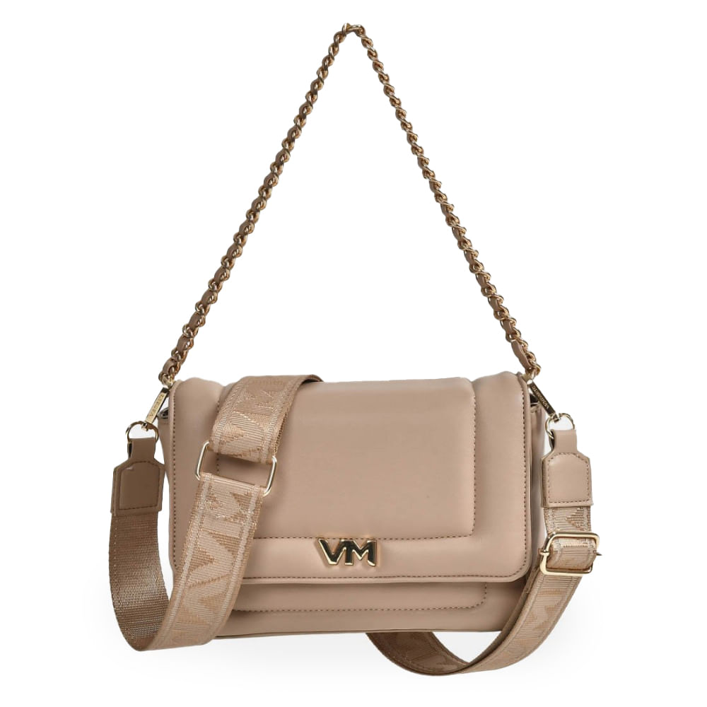Bolsa tiracolo feminina Via Marte cor creme com acabamento napa soft, alças dupla e corrente dourada frontal